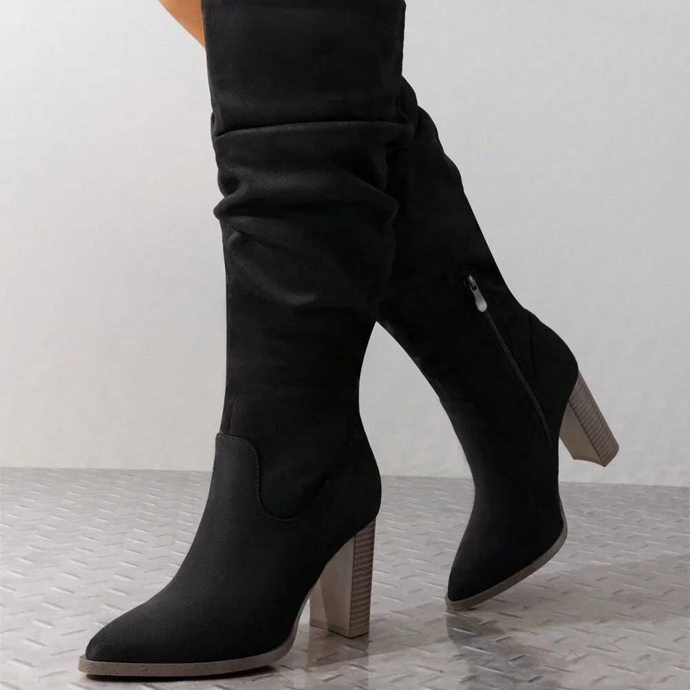 Black Elegant Women's Knee-High Pointed Toe Chunky Block Heel Suede With Side Zi - Picture 3 of 10